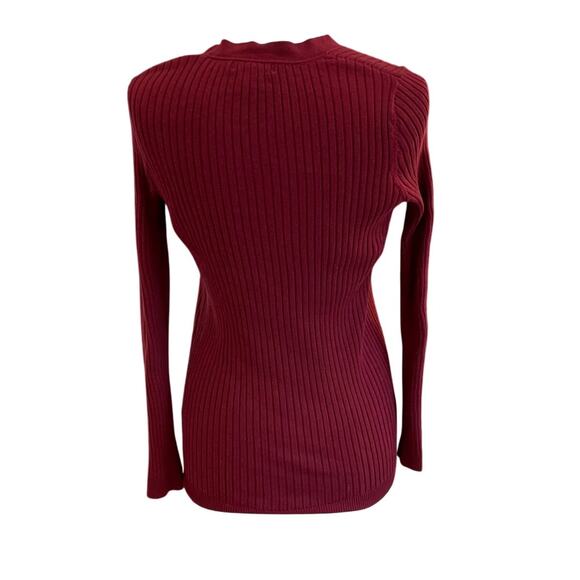 Lands' End Cotton Blend Burgundy V-Neck Ribbed Long Sleeve Cardigan Sweater, M - Picture 5 of 11